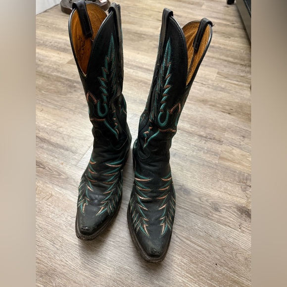 Lucchese Black and Turquoise Snip Toe Western Cowboy Boots Size 7 - Picture 13 of 16